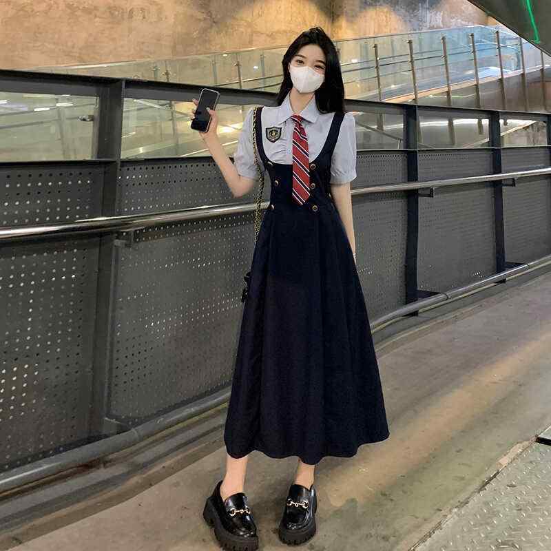 デニムワンピース レディース 夏用 JK 制服 カレッジ 風 卒業 クラス スリムフィット サスペンダー ドレス レディース 半袖 シャツ ロング スカート スーツ