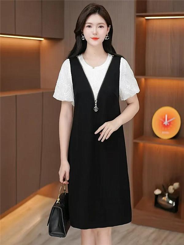 デニムワンピース レディース の パフスリーブ フェイク ツーピース ドレス 女性 2025 夏の 肉を 覆い スリム 継ぎ 合わせ ミディアム 丈 サスペンダー スカート