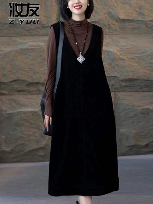 デニムワンピース レディース Vネック カジュアル 無地 ノースリーブベスト ドレス 春秋 2024 ベスト ロング 秋 女性