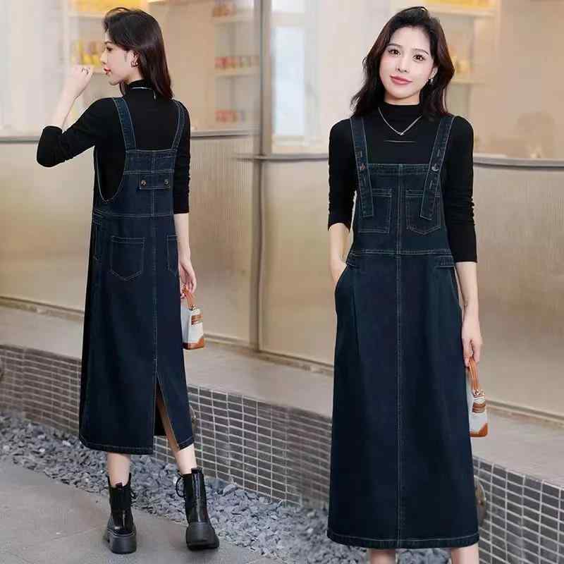 デニムワンピース レディース 2025秋冬 デニム サスペンダー スカート カジュアル 膝丈 ドレス 女性 スリム レトロ ファッション 年齢を 減らす
