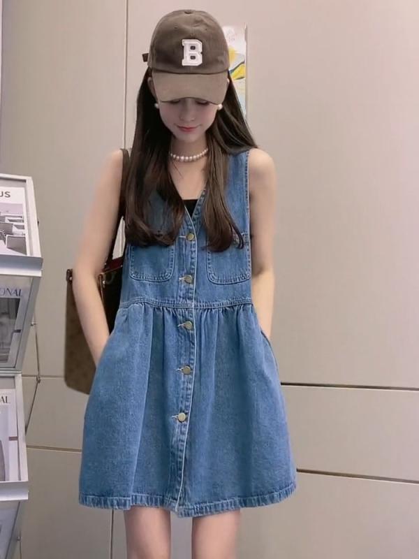 デニムワンピース レディース ホワイト カラーの 兄弟 兄弟の 2025夏 デニム ベスト サスペンダー スカート 小 ハイウエスト Vネック ドレス