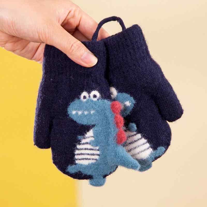 Gloves - 手袋 キッズ 冬用 保温 厚手 羊毛混 恐竜柄 首掛け 指付き 暖か 子供 柔らか 室内外