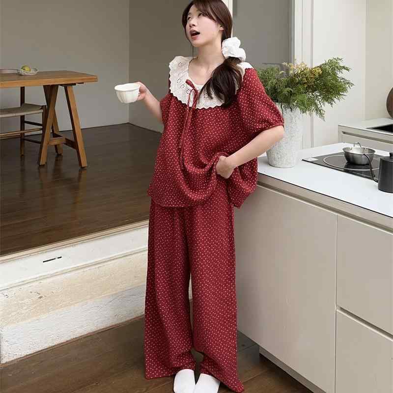 春夏 女性用 短袖 トップス ショートパンツ セット 綿 接触冷感 吸湿速乾 花柄 プリント 赤 ラウンドネック フリル 軽量 伸縮性 部屋着 かわいい ホームウェア カジュアル