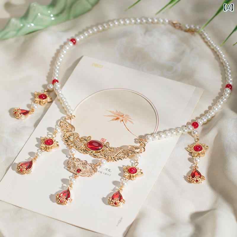 Other - ネックレス 女性用 漢服 アクセサリー 唐風 宋風 配飾 赤 ドロップ型 ペンダント チャイナ風 国風 かわいい 軽量 細工 装飾品 伝統柄 赤系 夏 春夏