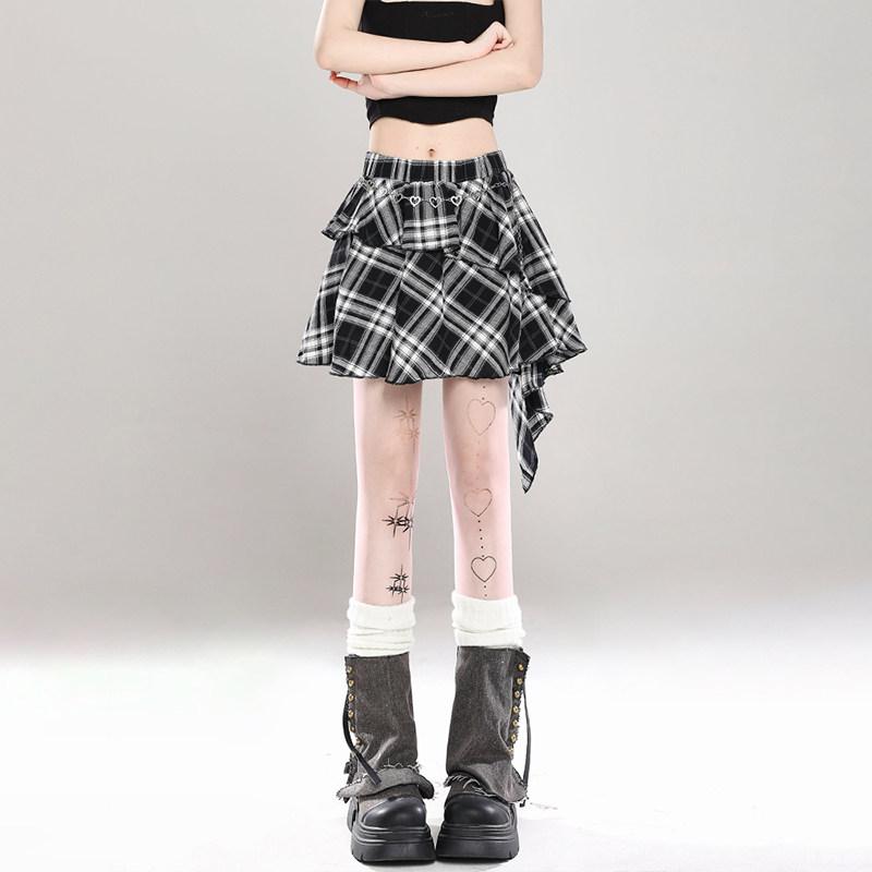 レディース スカート 黒白 チェック柄 アシンメトリー ヘム ハイウエスト Aライン ミディ丈 春夏 Y2K スタイル 細見え ガーリー 普段使い 通勤対応 軽量 伸縮性