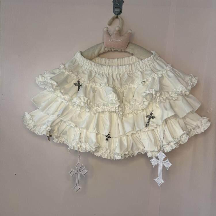 スカート レディース ふんわり ティアードスカート 蝶結び 十字架 モチーフ ミディ丈 半身スカート パンプキン スカートパンツ かわいい 少女風 フレア シルエット 普段使い