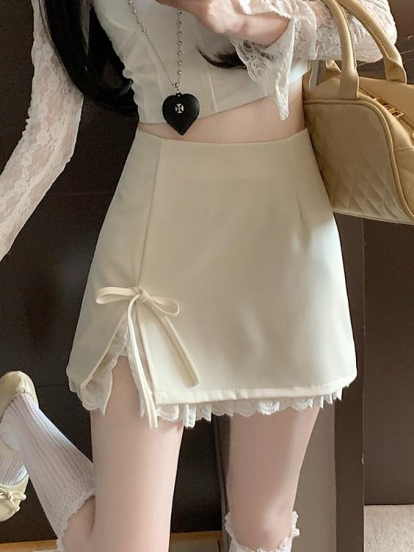 スカート 女性用 春夏 かわいい リボン 紐 ミディ丈 レース 小柄対応 防透け ヒップハグ タイトシルエット カジュアル 普段使い 軽量