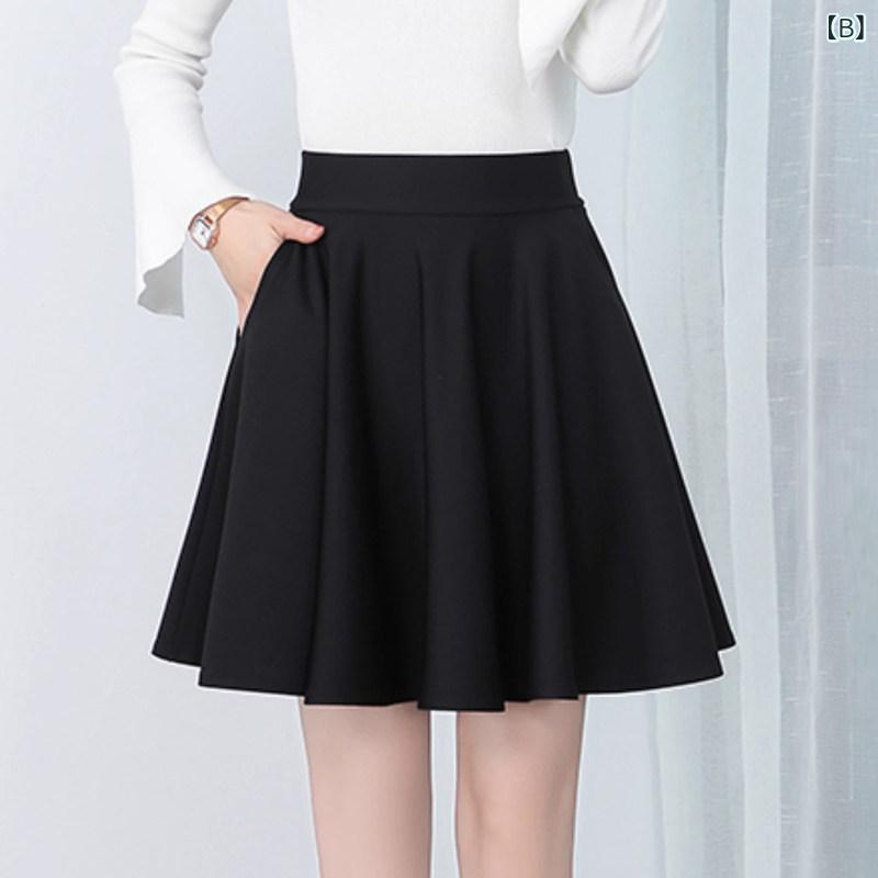 スカート 女性用 春夏 ハイウエスト Aライン プリーツ フレア ショート プチサイズ ブラック スリム ワイド 普段使い 軽量