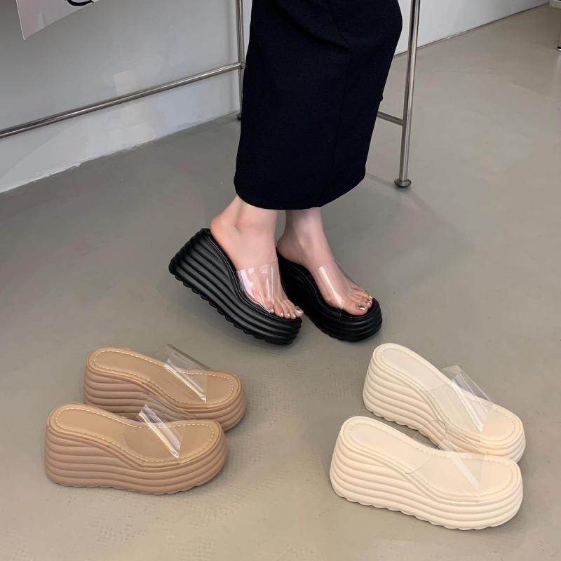 サンダル 女性用 夏用 厚底 ハイヒール ウェッジソール 防水 透明素材 セクシー ビーチサンダル 街履き 軽量 伸縮性 ピンク系 ブラック