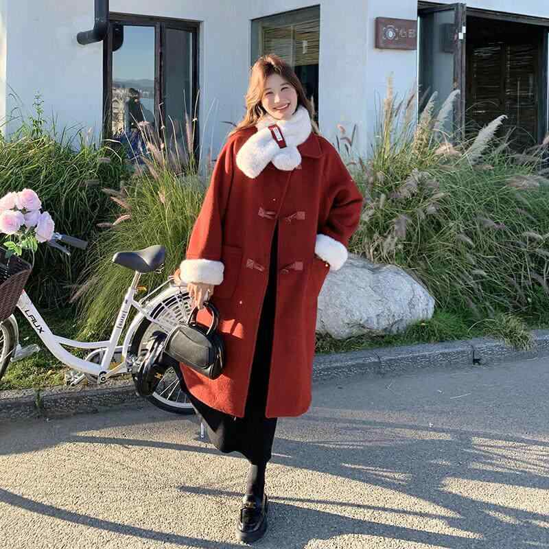冬 レディース ウール ロングコート 赤 マフラー 付き かわいい 高級感 厚手 暖か フェルト 生地 スタイリッシュ アウター