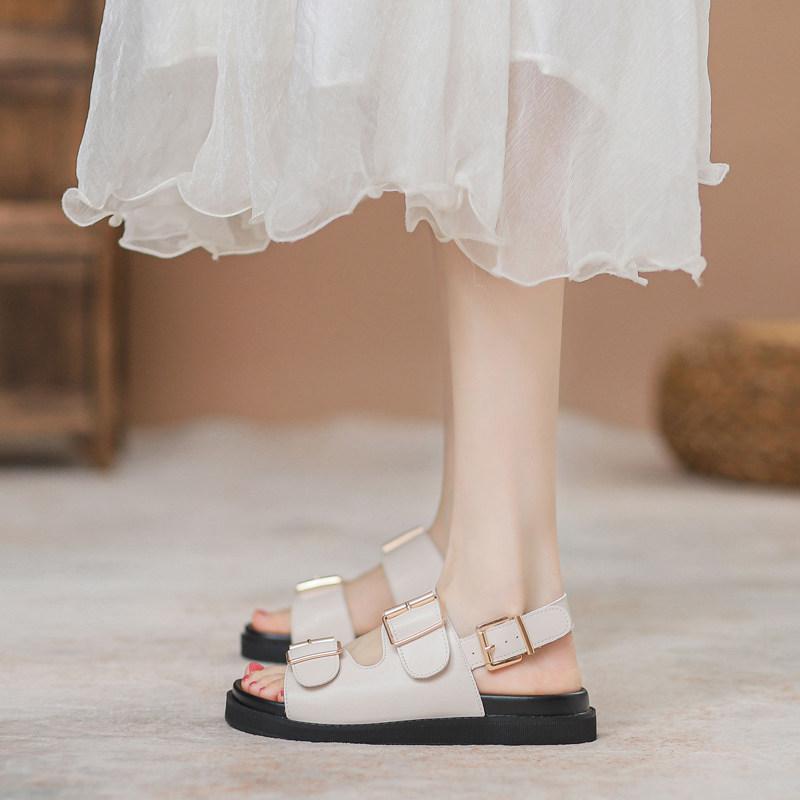 サンダル レディース 革 ローマ風 夏 厚底 フラット ビーチ フェミニン 普段使い 軽量 伸縮性 吸湿速乾 ピンク系 アイボリー