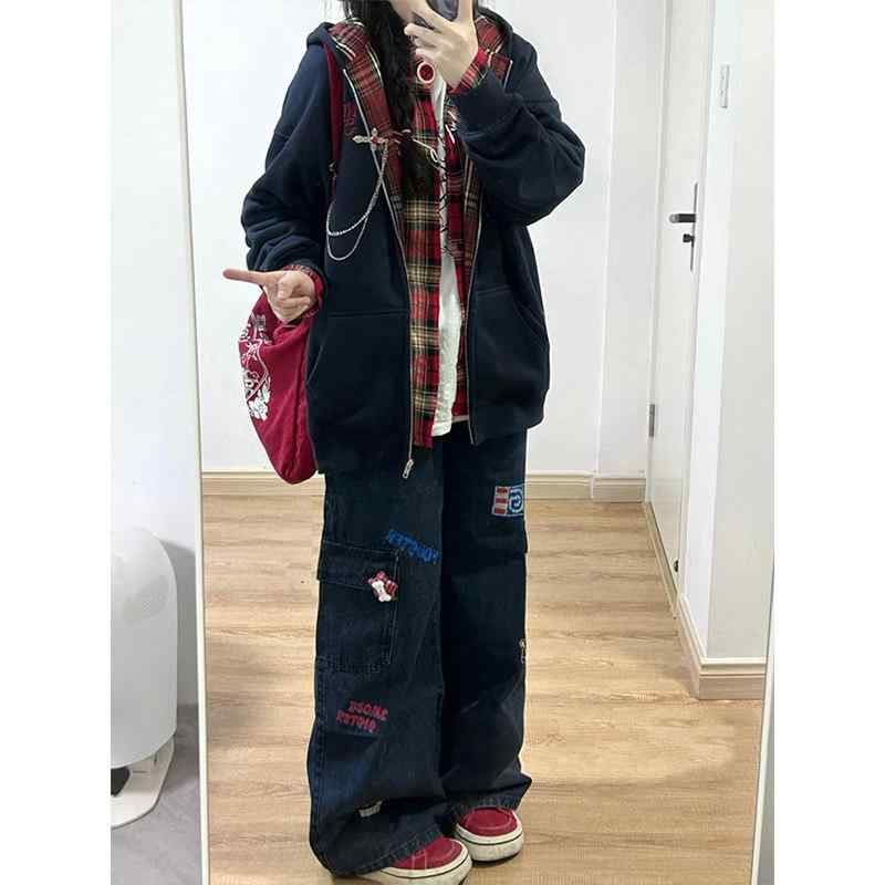 デニムパンツ レディース 春秋 ワイドレッグ ゆったり ストレート ロング ヴィンテージ ディストレス加工 郵票柄 プリント ワークスタイル ストリート 個性的 カジュアル デニム素材 普段使い ユニーク 軽量 伸縮性