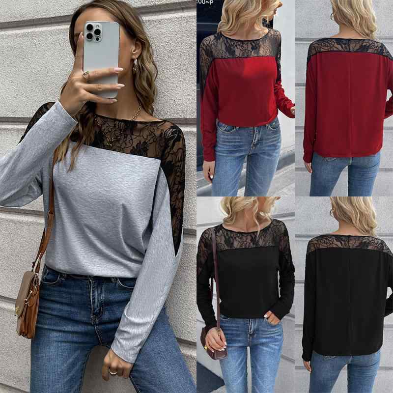 Tシャツ レディース 長袖 カットソー トップス レース 切り替え 花柄 丸首 クルーネック セクシー エレガント きれいめ 透け感 薄手 柔らかい 肌触り 伸縮性 フィット感 動きやすい カジュアル フォーマル お呼ばれ パーティー デート 通勤 通学