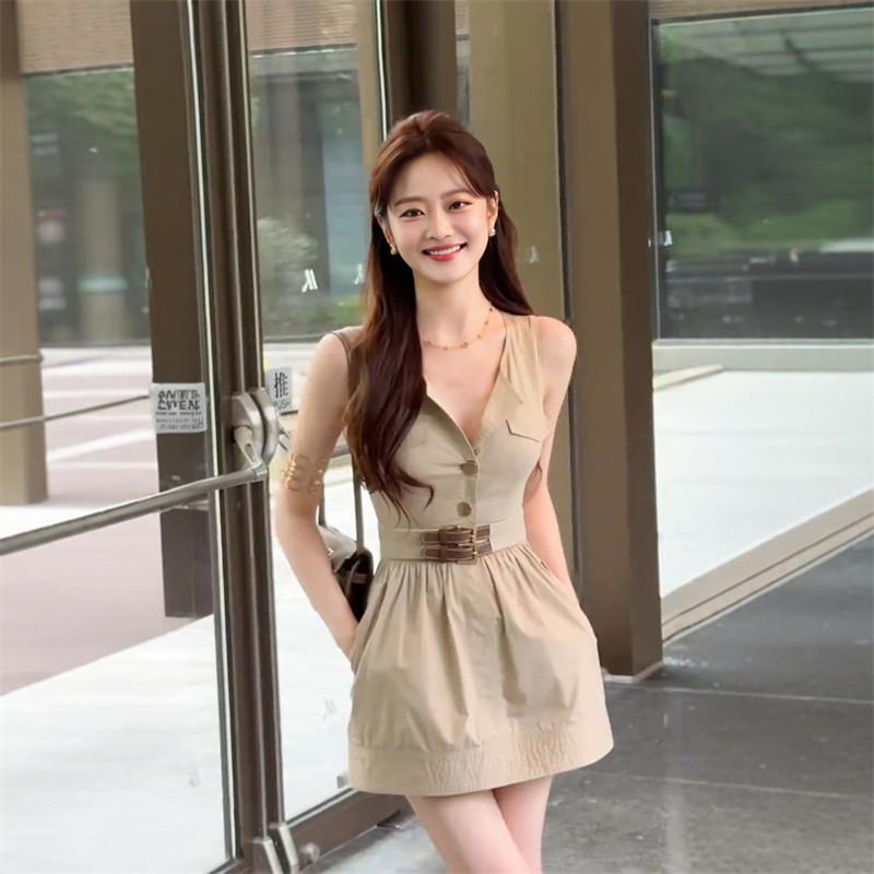 레이디스 원피스 여름 빈티지 워크 V 넥 민소매 허리 모양 짧은 길이 우아한 스타일 한국 밀리터리 경량 신축성 통근용 평상시 사용