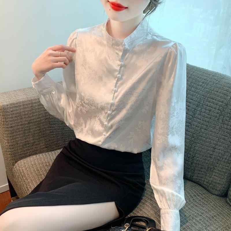 シャツ 女性用 秋冬 復古 立領 プリント シングルブレスト 長袖 シフォン トップス ブラウス 軽量 透け感 切り替え コットン混 紡績 生地 普段使い レイヤード 通勤