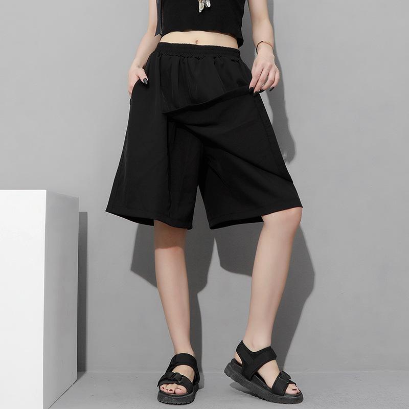 Pants - ワイドパンツ レディース 夏 色 切り替え ゆったり大シルエット フェイクツーピース 膝丈 スカートパンツ ブラック系 ダークスタイル コットン混 軽量 通勤 普段使い カジュアル 伸縮性