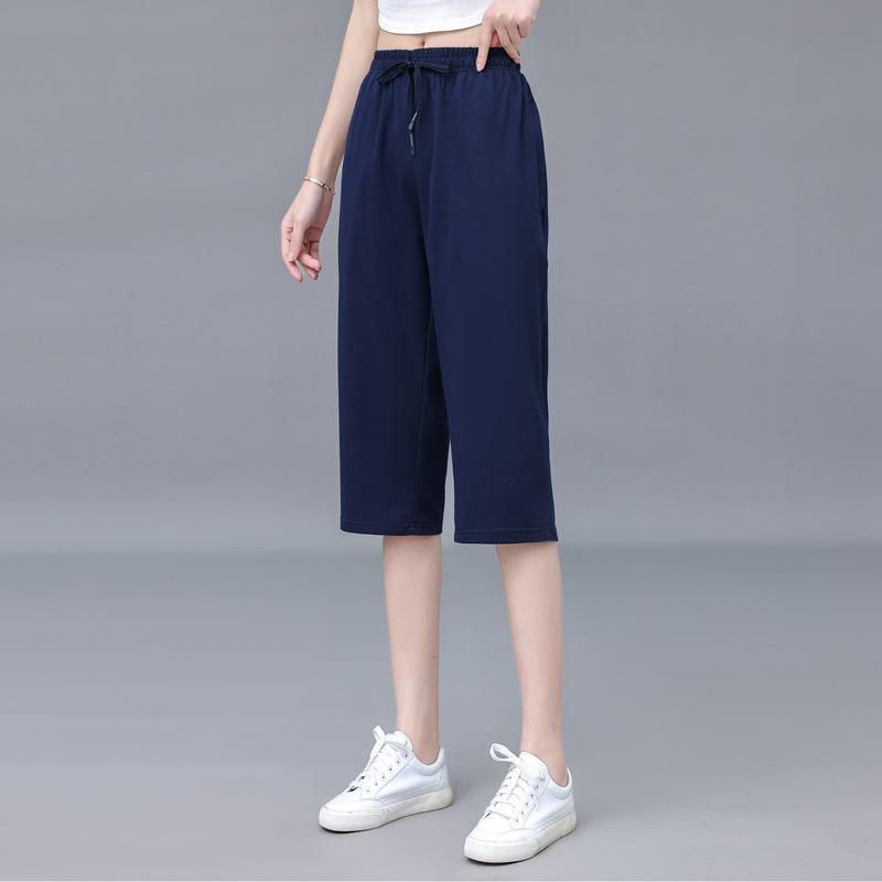 Pants - 七分パンツ 女性用 ワイドレッグ スウェットパンツ ゆったり風 薄手 透気性 夏用 通気 百搭 コットン混 軽量 吸湿速乾 カジュアル デイリーウェア ルームウェア ブラック グレー ベージュ 春夏 秋