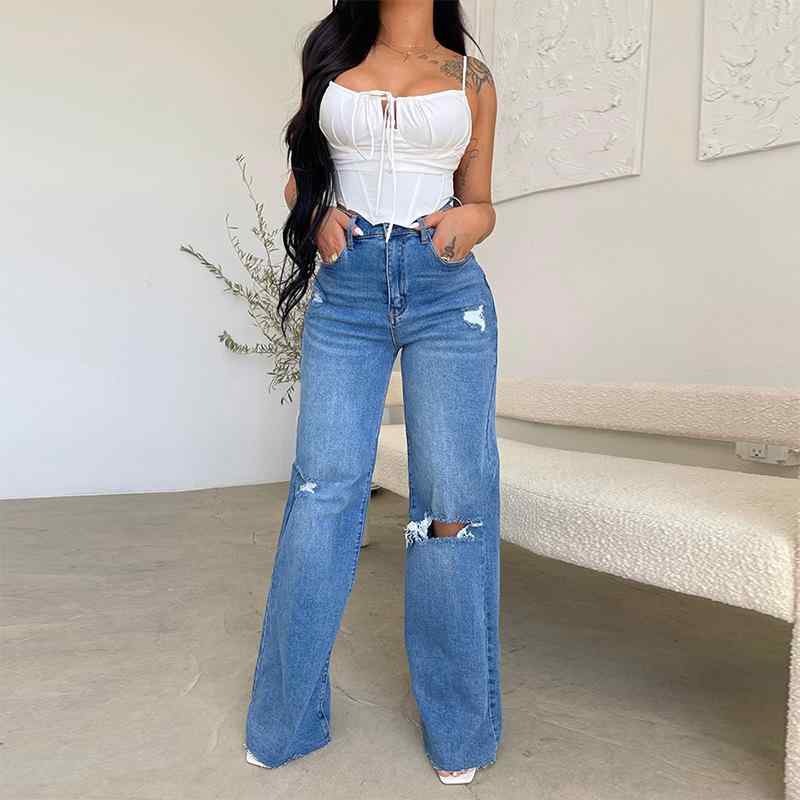 Capri Pants - レディース デニムパンツ 長丈 高腰 破れ 毛羽立ち 快適 ワイドレッグ コットン ストレッチ 欧米スタイル 普段使い 通勤用 軽量 吸湿速乾 ブルー系 ブラック