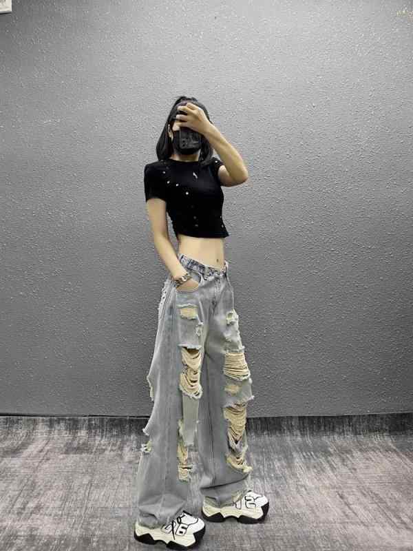 乐天商城 - デニムパンツ 女性用 春季 破れ加工 牛仔素材 梨形ボディ対応 ワイドレッグ ゆったりシルエット スリム効果 ストレートタイプ ビッグサイズ ロング丈 ストレッチ性 通勤 普段使い カジュアル ライトブルー系 吸湿速乾 軽量 快適 ゆったりフィット