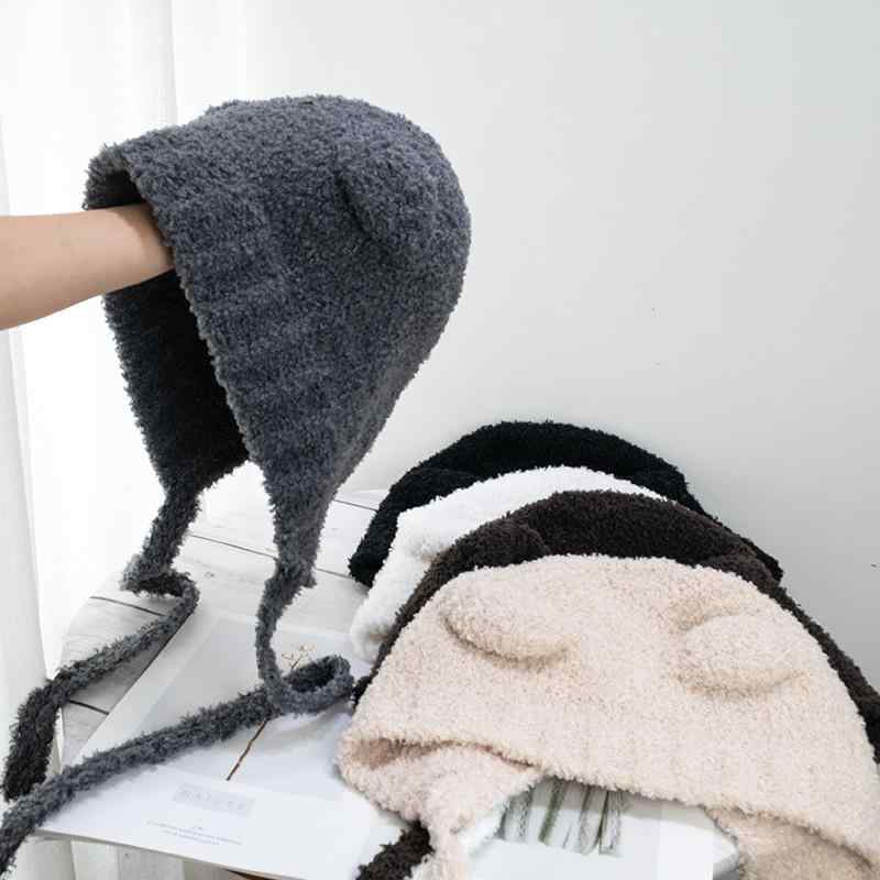 Knit Hat - ニット帽 女性 冬 かわいい 熊耳 毛足 ふわふわ 耳あて 保暖 暖か 柔らか ヘッドバンド 巻きつけ ビッグサイズ 柔軟 防寒 頭囲調整 コットン混 伸縮性 ライトグレー ブラック ピンク系 秋冬 通勤 普段使い アウトドア