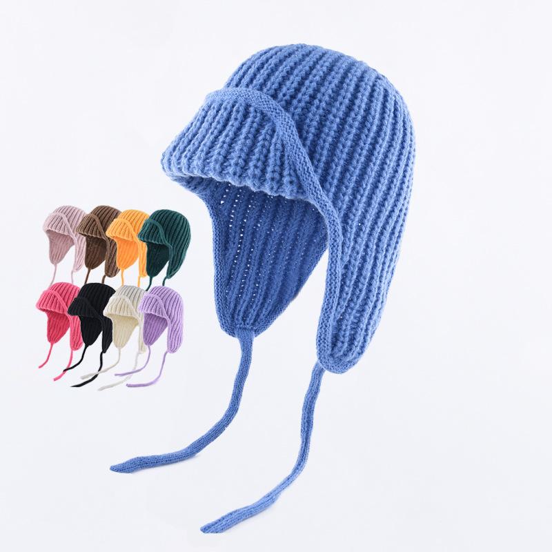 Knit Hat - ニット帽 女性 メンズ 秋冬 保暖 耳当て 雷锋帽 色 紐付き フライトキャップ スキー帽 暖か コットン混 防寒 耳保護 シンプル ビッグシルエット アクティブウェア ダークカラー