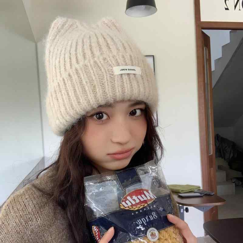 Knit Hat - ニット帽 女性用 猫耳 かわいい 誕生日ギフト 甘め ビーニー 羊毛 ウール シンプル ソリッドカラー 防寒 耳当て 暖か ファッション 秋冬 ストリートスタイル ヘッドウェア ギフト