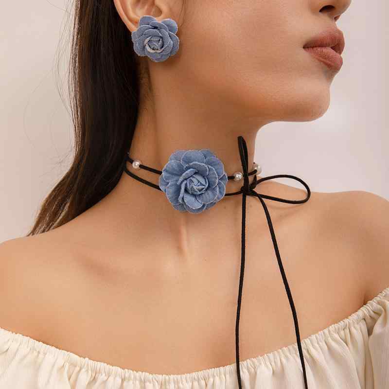 Alexandrite - ネックレス イヤリング セット 女性用 フレンチスタイル デニム 花モチーフ ビーズ 紐 リボン 鎖骨チェーン クラシカル アクセサリー ジュエリー ファッション アクセント 軽量 普段使い