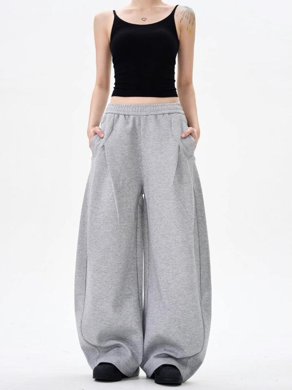 Cropped Pants - パンツ レディース アメリカン ビンテージ デコンストラクション プリーツ シルエット 曲線 刀 形状 カジュアル ワイドレッグ ロングパンツ ゆったり フィット コーディネート 普段使い コットン 混 軽量 伸縮性 通勤 通
