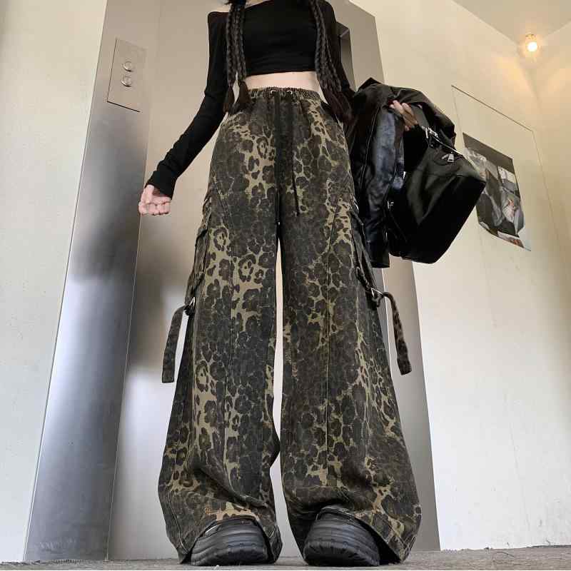 カーゴパンツ 女性用 秋 ヒョウ柄 花柄 高級感 ゆったりシルエット ワイドレッグ コットン ポリエステル ミックス ゆったりフィット 軽..
