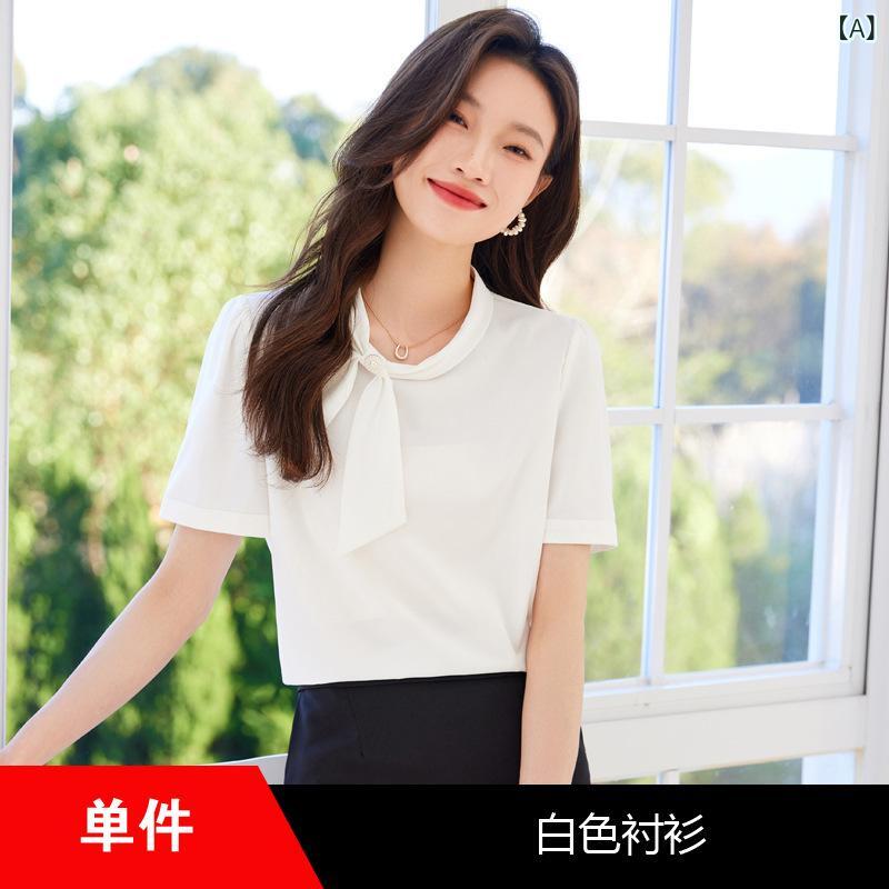 ブラウス 女性用 春夏 かわいい 蝶結び リボン 紐 韓国 シフォン 半袖 トップス 軽量 吸湿速乾 セット ミドル丈 スカート フレア シルエット ホワイト 2