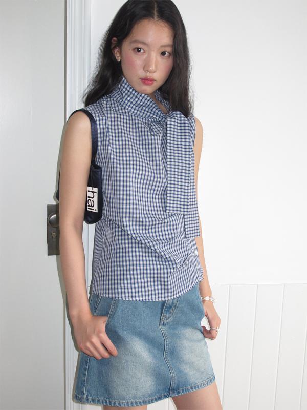 乐天商城 - ノースリーブ トップス 女性用 韓国 プリーツ 系帯 チェック柄 無袖 シャツ 春夏 軽量 吸湿速乾 通勤 普段使い 減齢 スタイリッシュ 上品 シルエット コットン混 ブラック ピンク系 アイボリー カジュアル ビッグシルエット Vネック