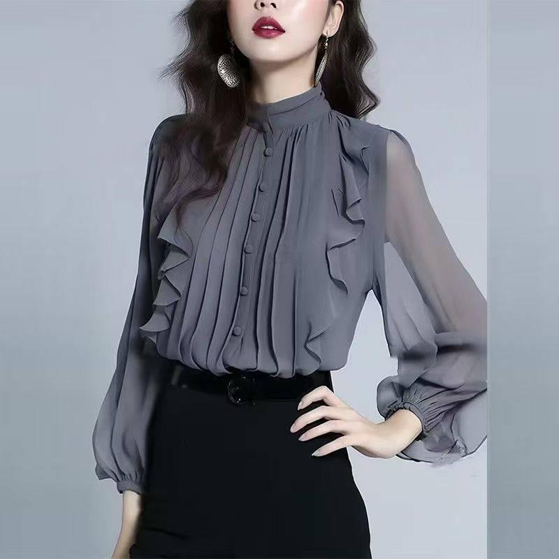 シャツ 女性用 春夏 雪紡素材 スタンドカラー トップス ファッション ロングスリーブ 荷葉辺 フレンチスタイル 軽量 切り替え 吸湿速乾 ベーシック 普段使い 通勤用 ブラウス スタイリッシュ ソフトタッチ
