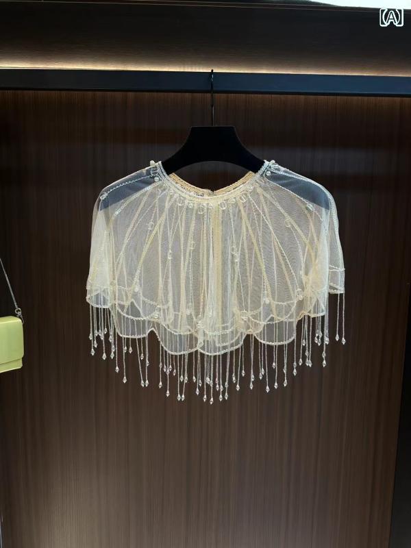 レディース チャイナドレス ショール かわいい ビーズ刺繍 レース 網目領 フリンジ ショート丈 ケープ 軽量 2