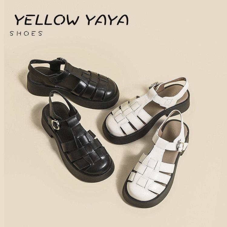 サンダル 女性用 革 厚底 ローマン 夏用 レトロ クローズドトゥ 透かし彫り 編み込み チャンキーヒール 軽量 伸縮性 吸湿速乾