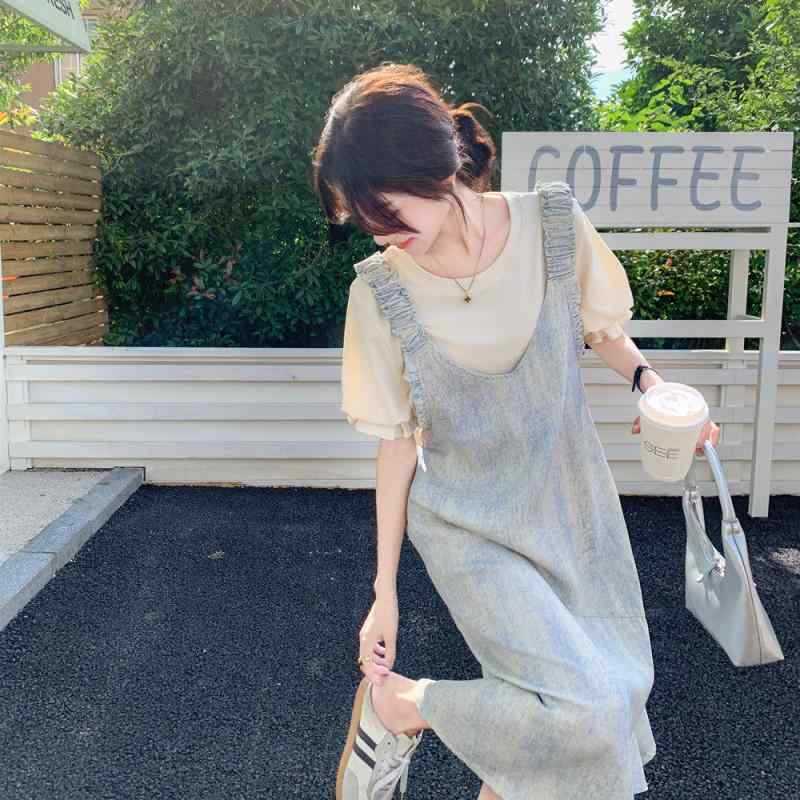 乐天商城 - ワンピース レディース 夏 サスペンダー付き ブルー グラデーション染め ユニーク ゆったり風 韓国スタイル カジュアル 軽量 吸湿速乾 セットドレス