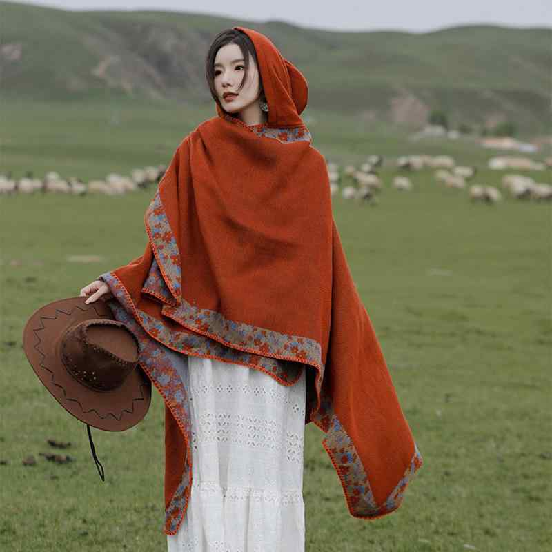 レディース ショール ケープ フード付き 民族風 ボヘミアン 旅行 アウター ストール マント 草原 スタイル 軽量 切り替え