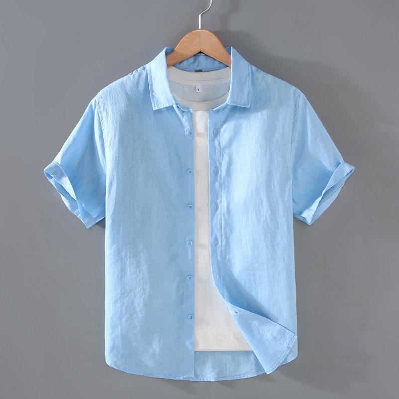 T-Shirts - 短袖 シャツ リネン 素材 100%麻布 通気性 快適 夏用 軽量 吸湿速乾 普段使い トップス