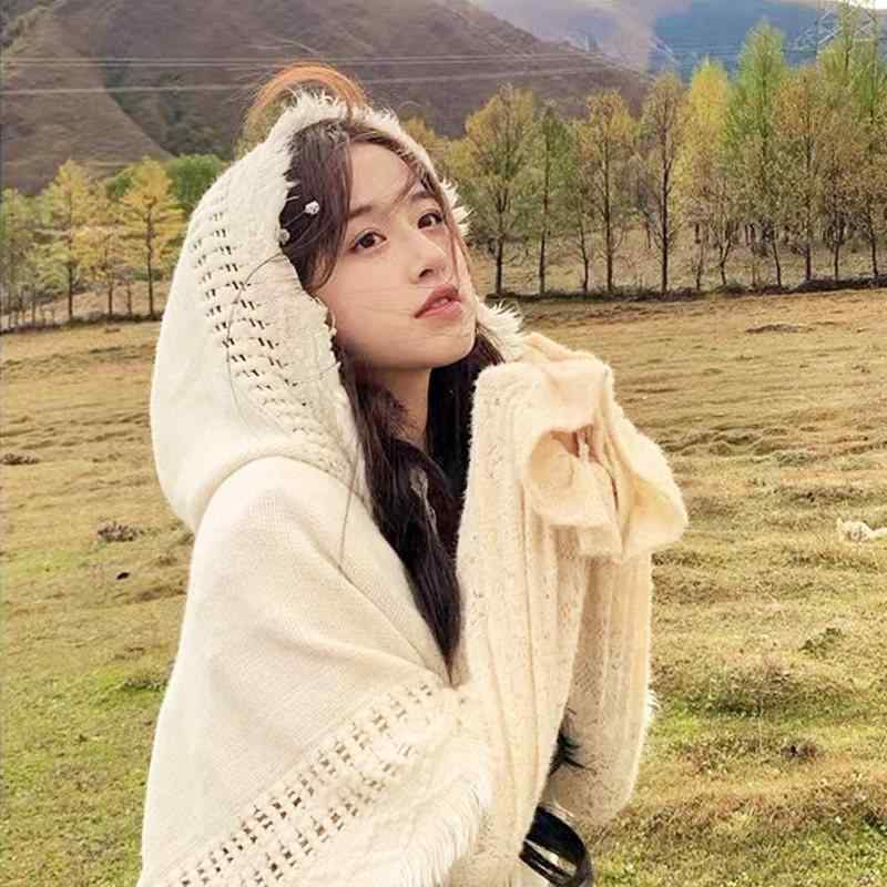 レディース ニット ポンチョ ショール ボヘミアン フリンジ フード付き マフラー 森風 ナチュラル 旅行 用 アウトドア 汎用 軽量 伸縮性