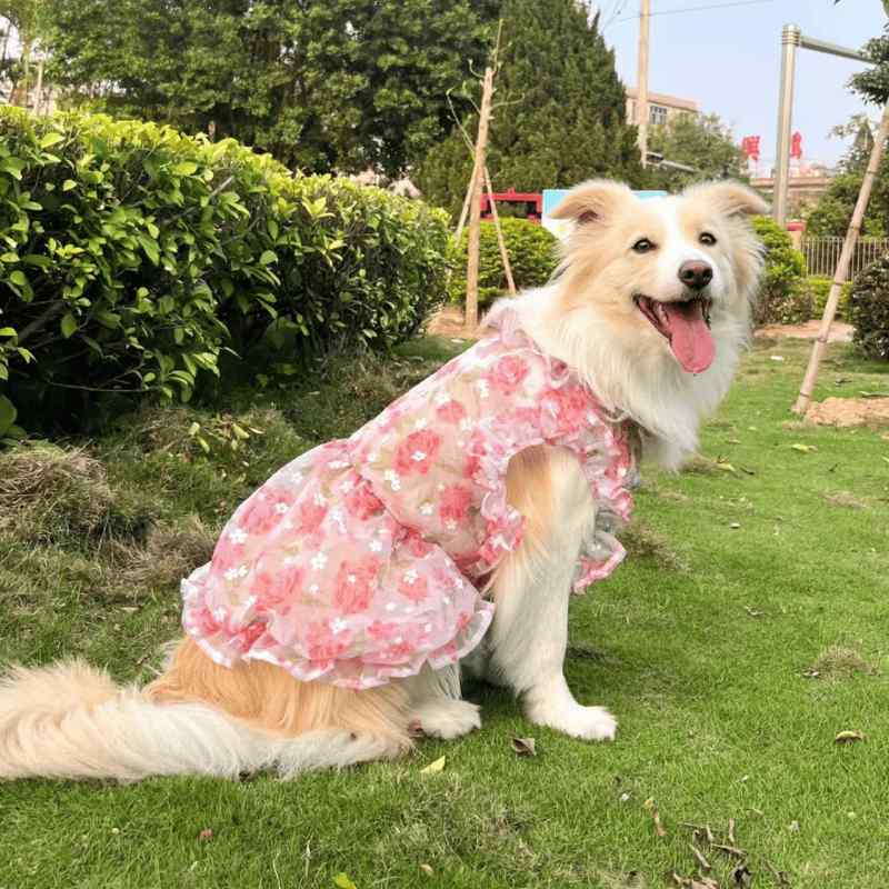 犬服 春夏 中型大型犬用 かわいい プリンセス風 花柄 スカート ドッグウェア ガーリースタイル 室内着 軽量 コットン混 ピンク系