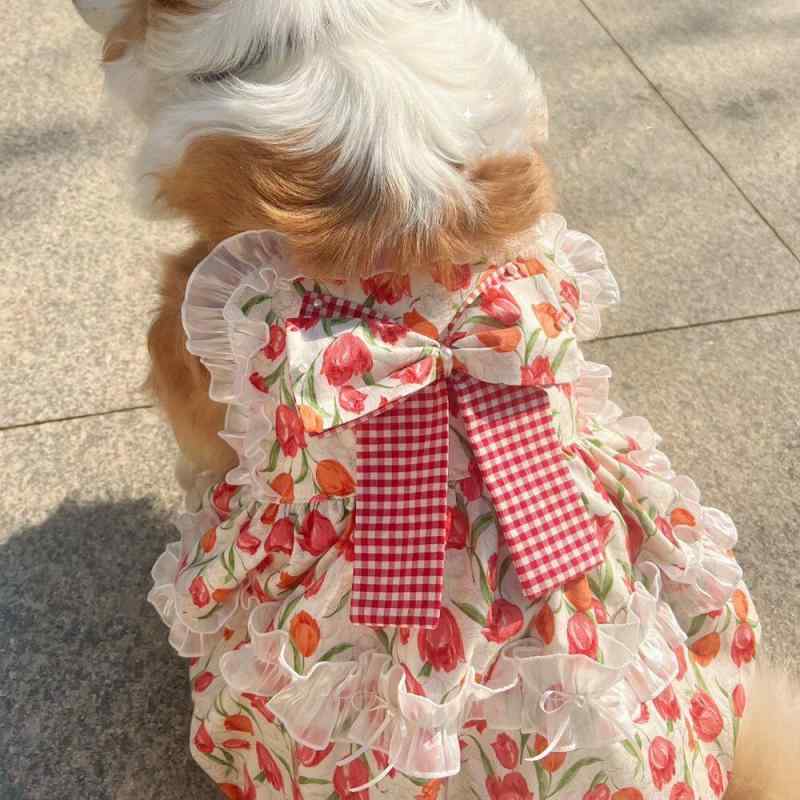 春夏 犬服 中型大型犬用 プリンセス レトロ レース スカート ベスト ペットウェア 猫服 かわいい 花柄 軽量 伸縮性