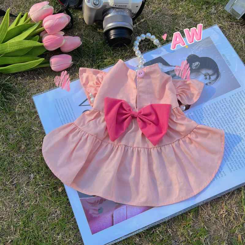 春夏 ペット服 犬猫用 小型犬 スカート リボン 通気性 無地 かわいい 普段使い 軽量 綿素材 ビッグシルエット ピンク系 アイボリー