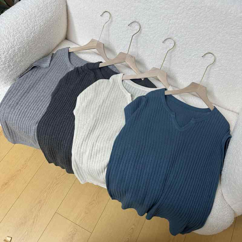 Long-Sleeved Knit - レディース 韓国系 シンプル Vネック 短袖 縦リブ ニット Tシャツ トップス カジュアル 普段使い 伸縮性 軽量 綿混 ブラック ピンク アイボリー