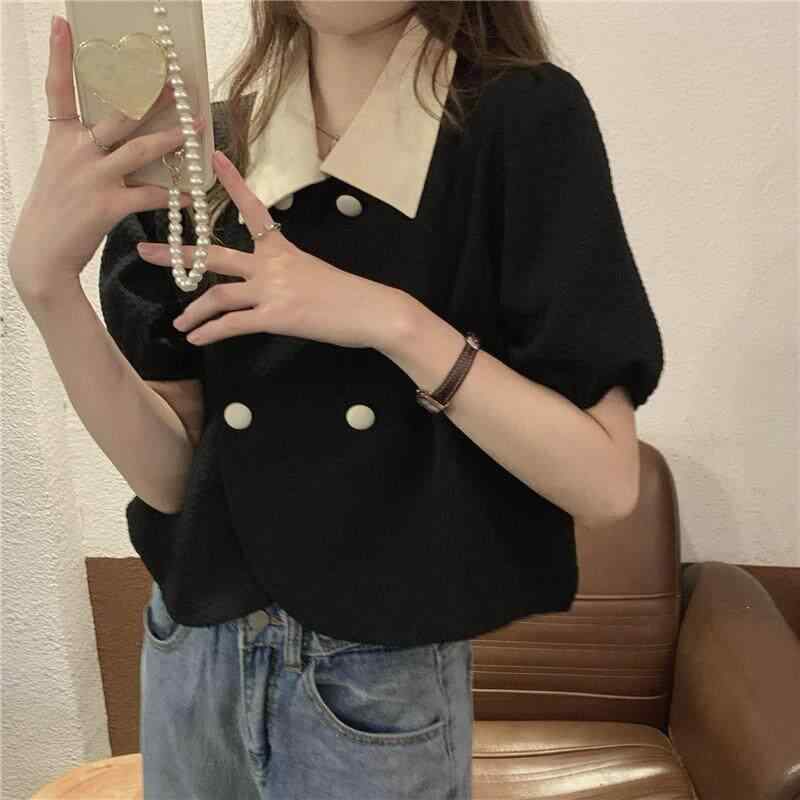 樂天商城 - レディース フレンチスタイル ブラック 短袖 シャツ パフスリーブ 夏 ショート丈 トップス 個性的 カジュアル スタイリッシュ 軽やか