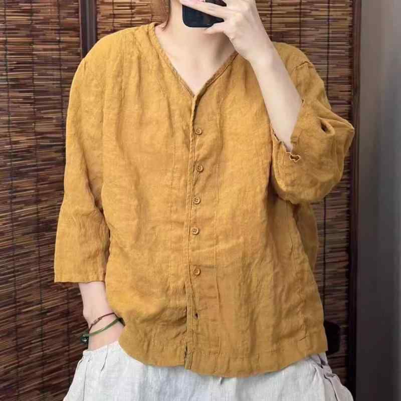 T-Shirts - レディース Tシャツ 夏 単色 リネン ラウンドネック カジュアル 上品 汎用 シングルボタン トップス 軽量 吸湿速乾 普段使い シンプル デザイン