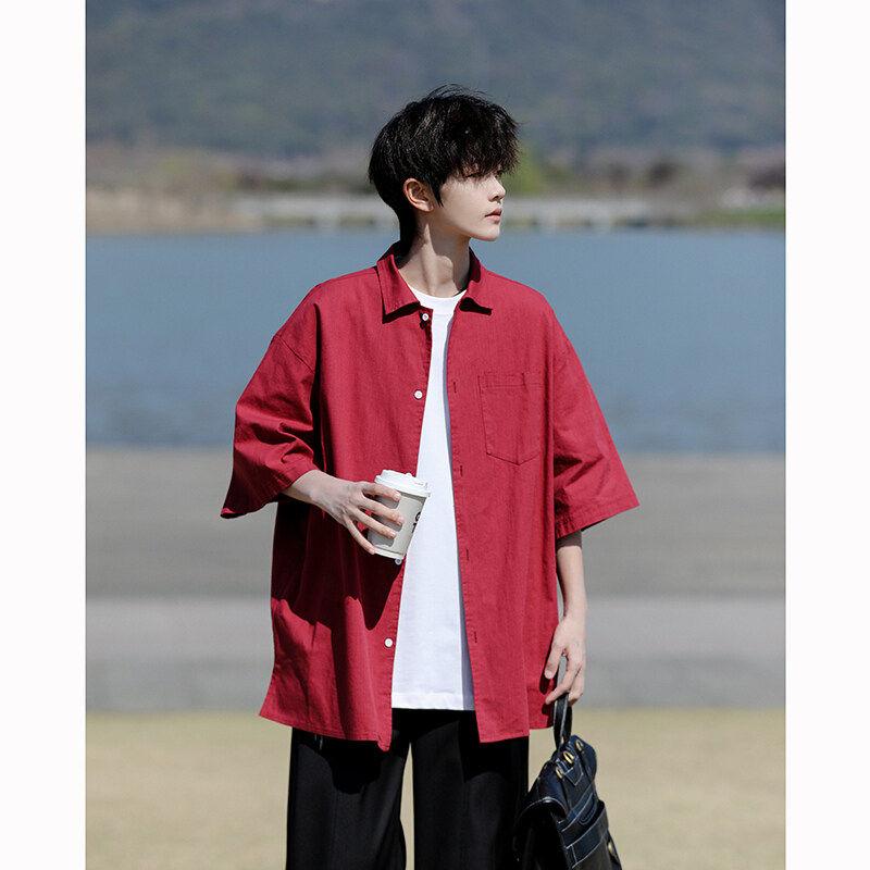 Other - シャツ 男性用 リネン 赤 夏用 薄手 ゆったり リラックス ビッグサイズ 七分袖 トップス カジュアル 吸湿速乾 通勤 普段使い