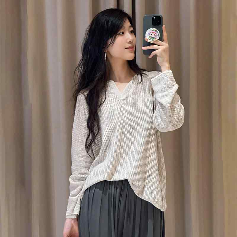 Vネック ニットトップス 麻　混紡 透かし編み ゆったりシルエット 薄手 長袖 プルオーバー 上品 合わせやすい カジュアル 普段使い 通気性 軽量