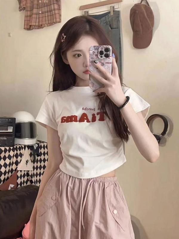乐天商城 - Tシャツ レディース 短袖 ホワイト 綿 夏用 スリムフィット ショート丈 プリント 韓国 青春 カジュアル トップス 吸湿速乾 軽量