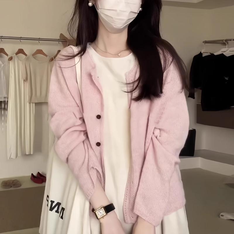 レディース ニットカーディガン 韓国 ゆったり リラックススタイル 無地 丸首 長袖 春 ファッション アウター トップス 編み込み 軽量 ..