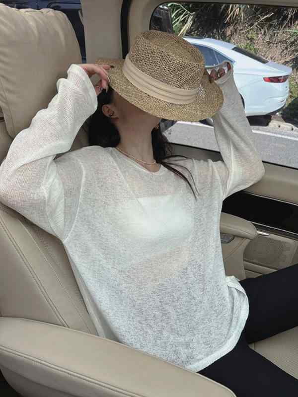 Long-Sleeved Knit - レディース トップス 夏 日焼け防止 接触冷感 薄手 白 半透け ゆったり ニット Tシャツ シャツ 上衣 カバーアップ 吸湿速乾 軽量 綿混 再生繊維 普段使い 部屋着