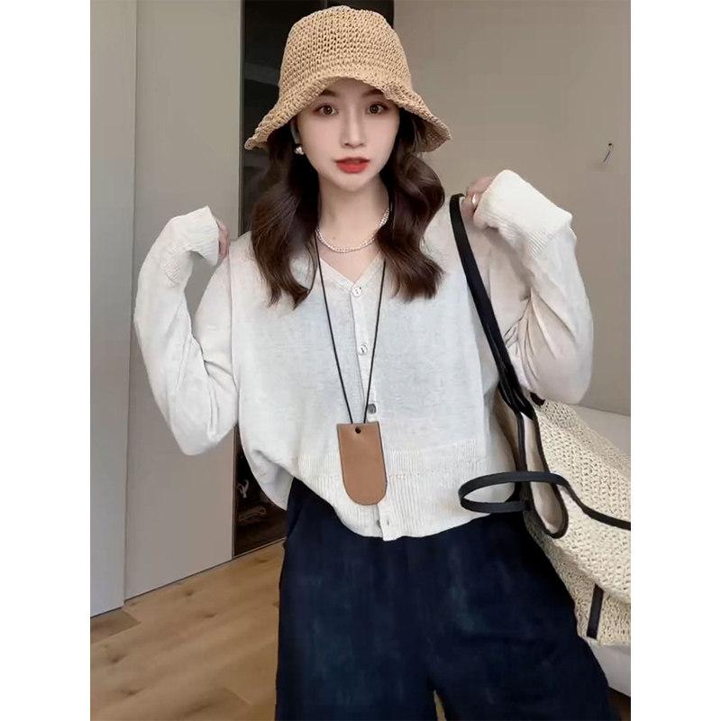 Three-Quarter Knit - レディース 夏用 Vネック 長袖 ニット カーディガン ゆったり デザイン トップス アウター ユニーク スタイル 軽量 吸湿速乾 コットン混 ビッグシルエット